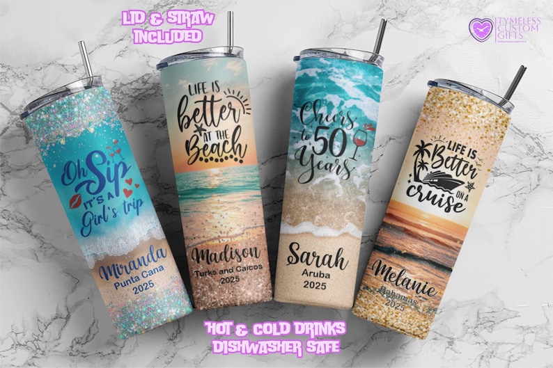 personalized 20 ounce skinny tumblers with various beach design wraps and vacation phrases personalized with name and trip location and year
