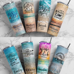 personalized 20 ounce skinny tumblers with various beach design wraps and vacation phrases personalized with name and trip location and year