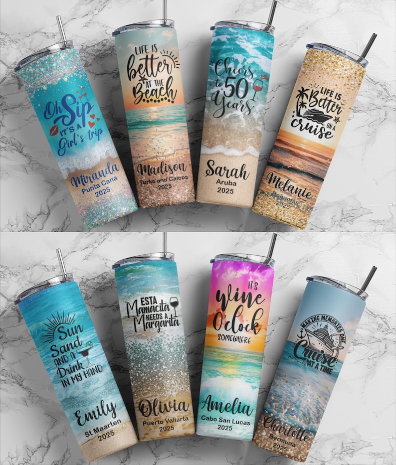 personalized 20 ounce skinny tumblers with various beach design wraps and vacation phrases personalized with name and trip location and year