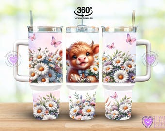Personalized 40oz Sunflower Tumbler: Custom Floral Daisy Mug, Honeybee Butterfly Gift Baby Cow Bottle
