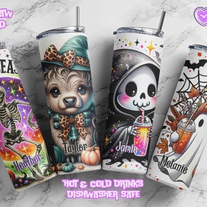 May include: Four Halloween-themed insulated tumblers with lids and straws. Designs include a skeleton, a bear in a witch hat, a cute grim reaper, and a ghost. Each tumbler has a name on it. The text "Spooky Season" is on one tumbler.