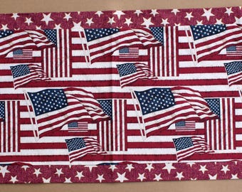 American Flag Handmade Table Runner Patriotic Red White & Blue w/ Stars Rustic Cabin Farmhouse Decor