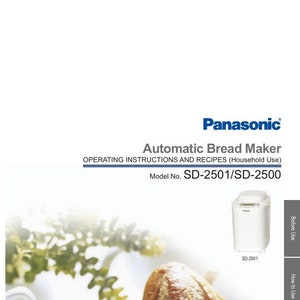 Puede incluir: Manual del producto para la Panasonic Automatic Bread Maker SD-2501/SD-2500. El documento incluye especificaciones, instrucciones de funcionamiento y recetas. A la derecha se muestra una cesta de productos de panadería.