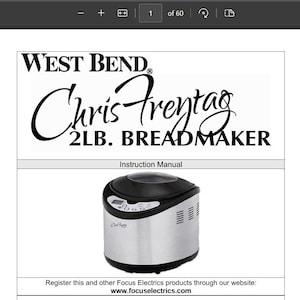 May include: Instruction manual for a West Bend Chris Freitag 2 LB. Breadmaker. The manual includes information on important safeguards, operating precautions, getting to know the breadmaker, ingredients, basic steps in making bread, cleaning, troubleshooting, recipes, and warranty.