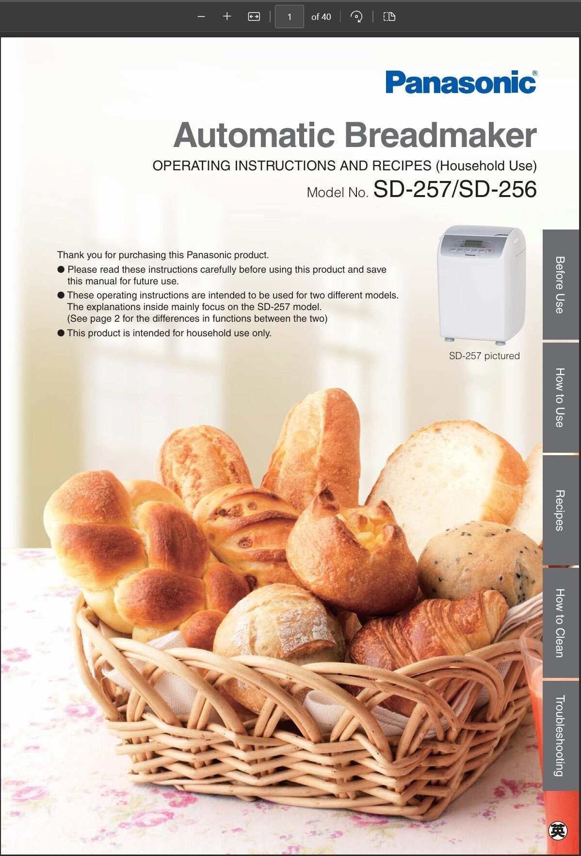 Digital PDF Panasonic SD-257 SD-256 Manual with Recipes Automatic Bread Maker