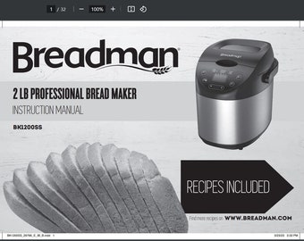 Digital Only PDF Breadman BK1200SS Manual & Recipe Guide Automatic Bread Maker Model PDF