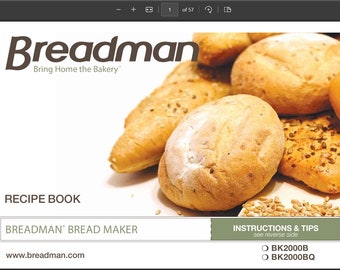 Digital Only PDF Breadman Bk2000B Bk2000BQ Recipes Automatic Bread Maker PDF