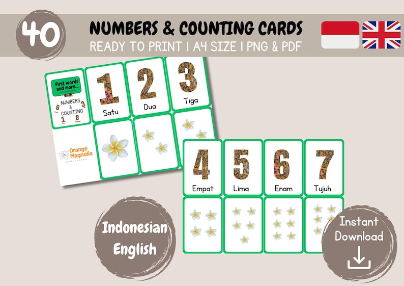 Printable Flashcards Indonesian & English | 40 Numbers and Counting ...