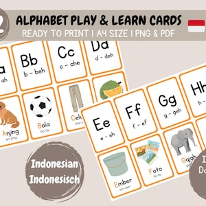 Op de afbeelding: 52 alfabet speel- en leerkaarten in het Indonesisch. Elke kaart heeft een letter van het alfabet, een afbeelding en het Indonesische woord voor de afbeelding. De kaarten zijn klaar om te printen in A4-formaat.