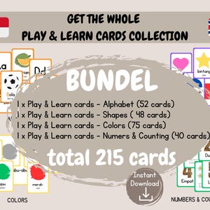 Flashcards para impressão em indonésio e inglês | Flashcards Mega Pacote | Cartão Flash ABC | Montessoriano | Cartões flash | 215 CARTÕES | Jogue e aprenda