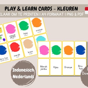 Afdrukbare flitskaarten INDONESISCH NEDERLANDS - Kleuren leren - Montessori materiaal - Nieuwe taal leren - Bali - Educatieve kaarten