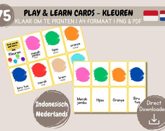 May include: 75 printable play and learn cards featuring colour names in Indonesian and Dutch. The cards show colour swatches with the words "merah jambu", "hijau", "oranye", "biru tua", "merah", "krem", and the text "Indonesisch Nederlands".