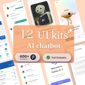 Peut inclure: Maquette numérique présentant 12 kits d'interface utilisateur pour un chatbot IA, avec plus de 400 écrans. La conception comprend diverses interfaces d'applications avec des fenêtres de chat, des profils d'utilisateurs et des éléments interactifs. Le texte "Full Editable" est également inclus.