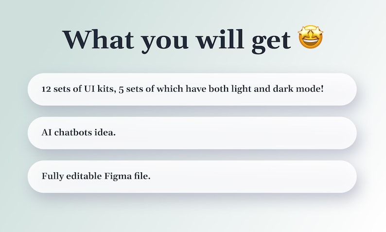 Może przedstawiać: Grafika z tekstem "What you will get" i emotikonem gwiazdy. Obraz zawiera 12 zestaw&oacute;w zestaw&oacute;w UI, pomysł na chatboty AI i w pełni edytowalny plik Figma.