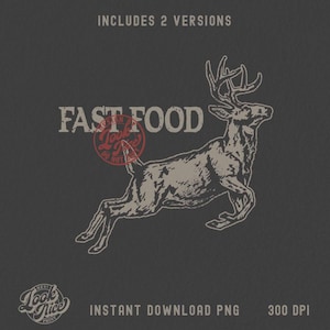 Könnte beinhalten: Ein Grafikdesign mit einem springenden Hirsch in hellem Beige vor einem dunkelgrauen Hintergrund. Der Text FAST FOOD ist in einer abgenutzten Schriftart über dem Hirsch gedruckt. Ein kreisförmiges rotes Stempellogo ist auf dem Körper zu sehen.