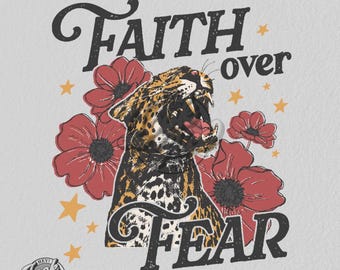 Diseño vintage de Leopart: Fe sobre el miedo para niñas cristianas PNG (Descarga digital)