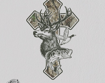 May include: Black and white illustration of a deer, duck, and fish, overlaid on a camouflage cross design. The text "INSTANT DOWNLOAD PNG" and "300 DPI" are also included. The image has a vintage aesthetic.