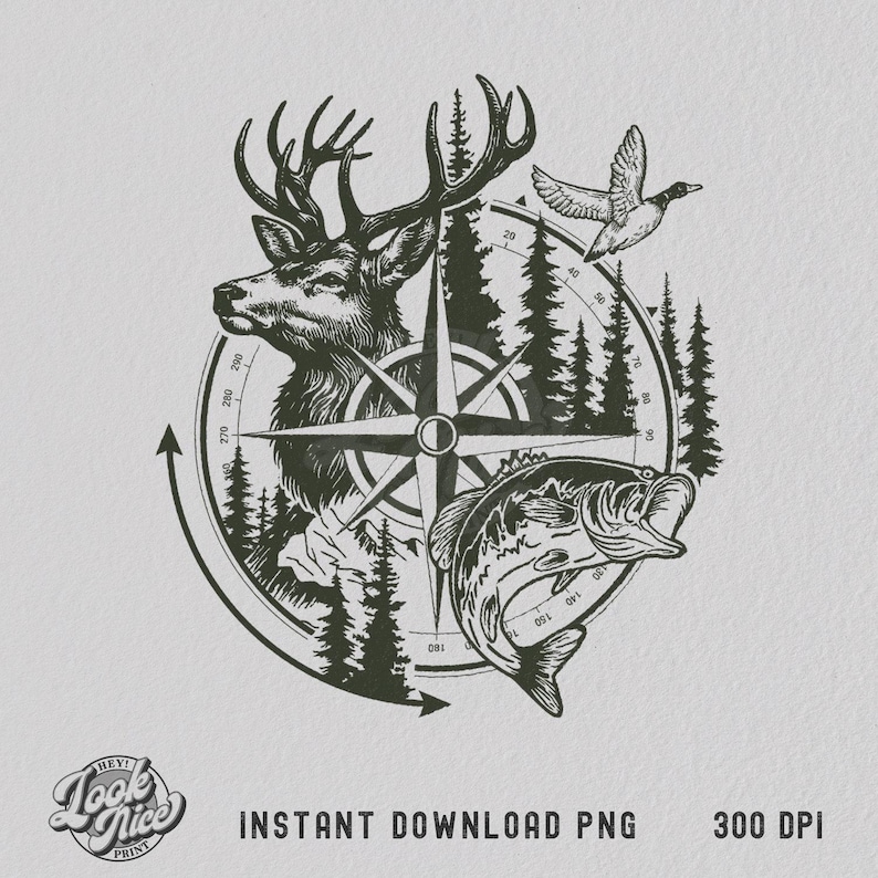 Deer Duck Fishing PNG T-shirt Design: Camo Hunting Art (digital ...