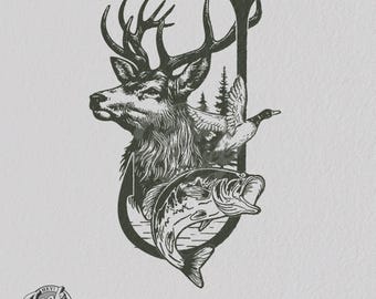 Deer Duck Fishing PNG T-Shirt Design: Camo Hunting Art (Digital Download)