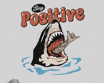 Imagen PNG de tiburón retro de los 90: Gráfico con humor playero y mensaje positivo (Descarga digital)