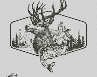 Arte de caza de camuflaje: Diseño de camiseta PNG con ciervos, patos y peces (descarga digital)