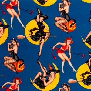 RARE Fabric  by Alexander Henry BEWITCHED - Halloween 50s Retro/Sexy Witches /Pinup Girls on blue Rare /Out of Print BTY