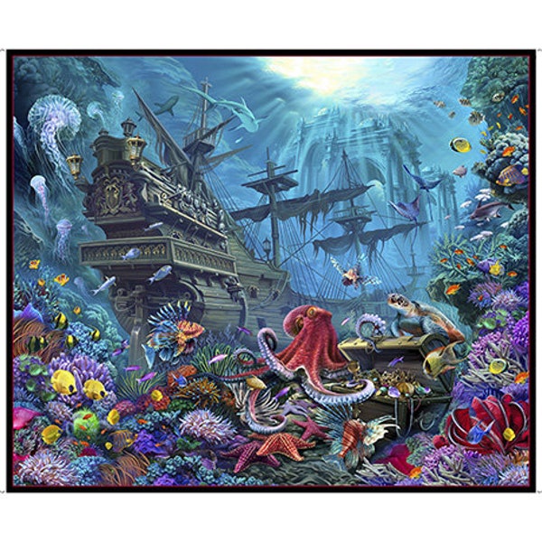Fabric - QT Fabrics Treasures at Sea Sunken Pirate ship Shipwreck Under the Sea scene Panel 29919 -X