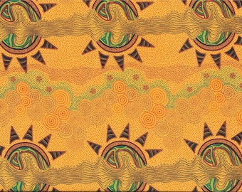 Fabric - M&S Textiles Australia Aboriginal art - Sunset Night Dreaming Yellow by Heather Kennedy - SDR