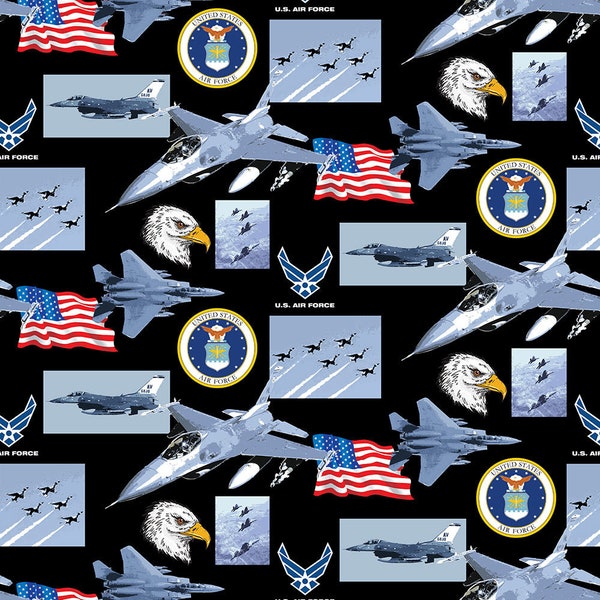 Fabric Sykel licensed - MILITARY AIR FORCE-021AF Cotton - Air Force images with planes and Flags - fabric cotton quilting fabric