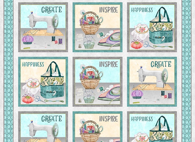 May include: Nine colorful squares with a white background and a teal border. Each square features a different sewing-themed image and the words "Create", "Inspire", or "Happiness".