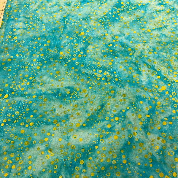Fabric 100% RAYON BATIK  Parkside Fabrics Mirah Batik aqua with lime dots