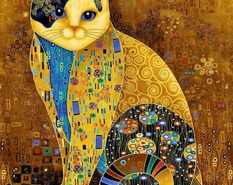 Fabric - Timeless Treasures -  From the Cleo collection by CHONG-A HWANG - Golden Bejeweled Cat Panel-CM1880 Gold - Metallic - Gustav Klimt