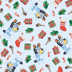 Fabric -Springs Creative Bluey Christmas 81081-160078 Bluey Reindeer Australian dog cartoon Christmas fun toys on light blue
