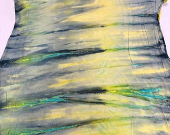 Fabric 100% RAYON BATIK  Parkside Fabrics Mirah Batik Tie Dye aqua yellow gray IC-10-1566-R