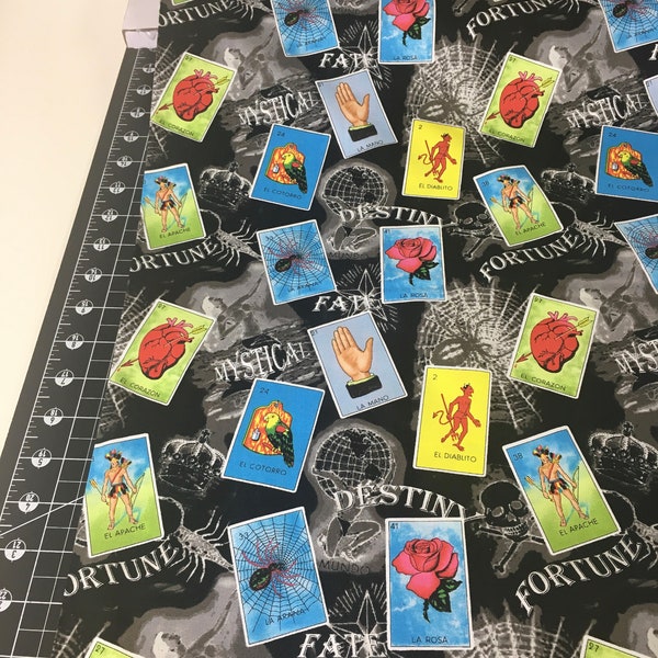 Fabric -  Print Concepts - LOTERIA  Mexican game cards designs own black mystical background