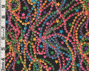 Fabric Kaufman Celebration Mardi Gras Beads and stars in multi colors on black Metallic gold accents