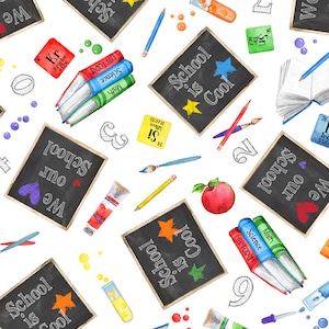 Fabric Wilmington Prints  School is Cool books blackboard paint brushes pencils paint tubes on white back to school