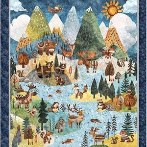 May include: A fabric panel featuring a whimsical forest scene with mountains, trees, and various animals like bears, deer, and foxes. The artwork has a blue border and a sunny sky with a plane. The color palette includes greens, browns, and blues.