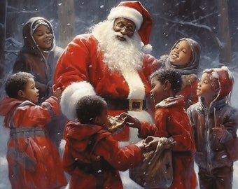 Fabric Panel GL-0076-3C-1 Multi - Santa with Children Panel Lovely Digital print African American Christmas