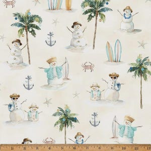 May include: A fabric print featuring snowmen wearing straw hats, palm trees, surfboards, anchors, and crabs on a cream background. A ruler at the bottom shows a scale of 12 inches, indicating the repeating pattern of these tropical winter motifs.