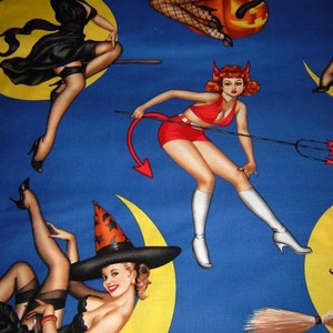 RARE Fabric by Alexander Henry BEWITCHED Halloween 50s Retro/Sexy Witches /Pinup Girls on blue Rare /Out of Print BTY image 2