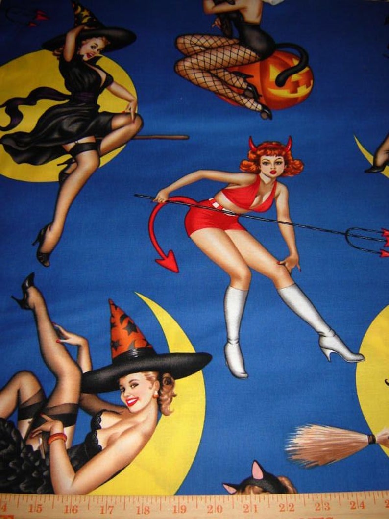 RARE Fabric by Alexander Henry BEWITCHED Halloween 50s Retro/Sexy Witches /Pinup Girls on blue Rare /Out of Print BTY image 2