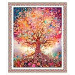 Fabric - QT Fabrics Spring Bling PANEL Tree of Life  fantasy colorful
