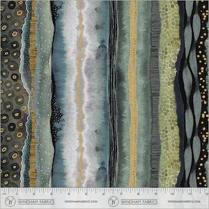 May include: Fabric with a watercolor design featuring vertical stripes in shades of blue, green, and gray, accented with gold and black details. The fabric includes a ruler along the bottom edge and the text "WINDHAM FABRICS".