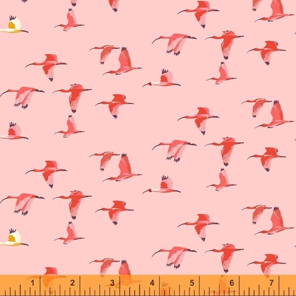 Fabric from Windham Fabrics TABANCA by Tamara Kate - Caroni Scarlet Ibis flying on peach 52820-16