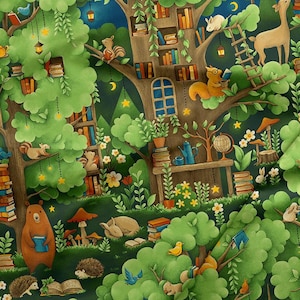 May include: A whimsical illustration of a forest scene with a treehouse library. Squirrels, rabbits, and a bear are reading books among the trees. The artwork features a dark green background with stars, mushrooms, and flowers.