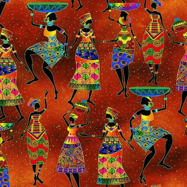 Fabric - Timeless Treasures -Kenta collection - by Chong-A HWANG - African Sunset Women Dance on red with metallic gold CM2040