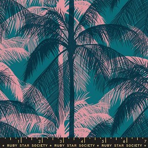 May include: A fabric with a tropical palm tree pattern. The design features dark teal palm trees and pink palm fronds against a teal background. The text "RUBY STAR SOCIETY" is at the bottom.
