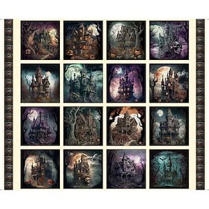 May include: A digital collage of 12 spooky Halloween images featuring a haunted house with a full moon in the background. Each image has a different color scheme and details.