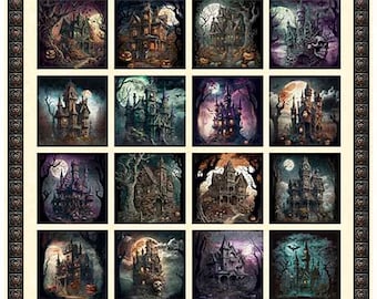 Fabric - QT Fabrics  CREEPSVILLE - Halloween Haunted House Picture Patches - 30200 -E Cream Borders